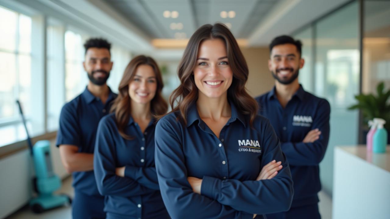 Team of professional MANA Cleaning Management cleaners smiling in a modern office.
