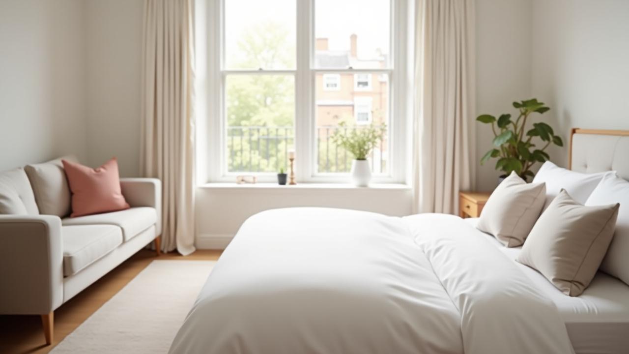 Immaculately clean, beautifully staged Airbnb living room receiving natural light, ready for new guests.