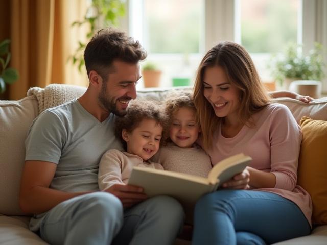 Happy family (parents and a child) relaxing in a clean, bright living room after a professional cleaning service.