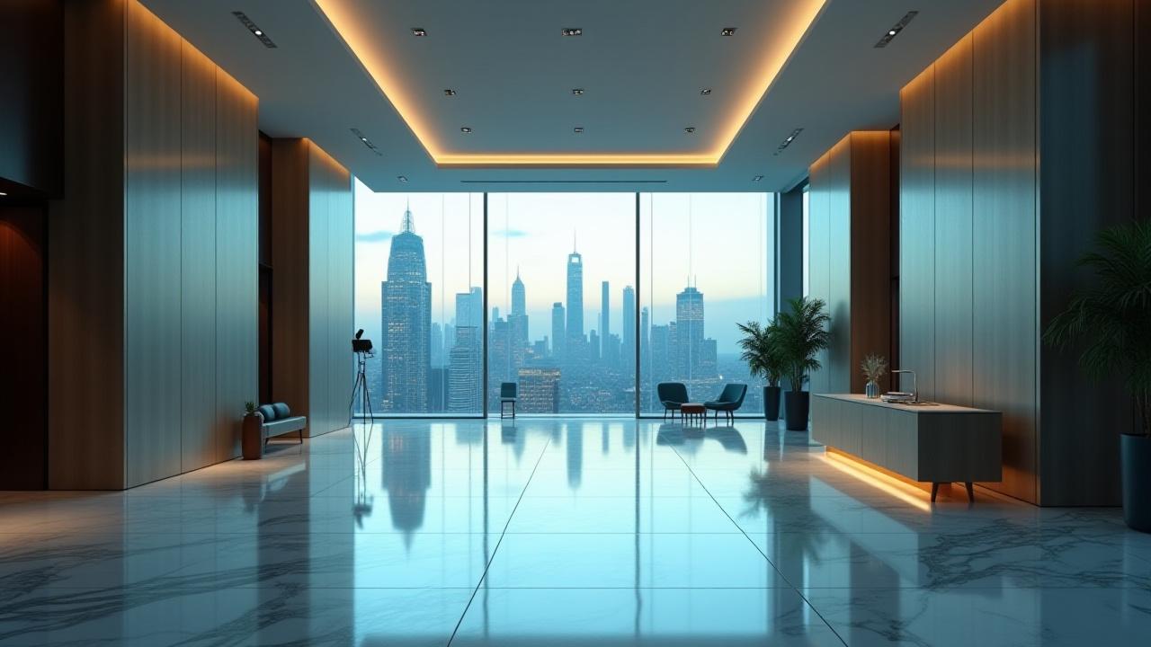 Sparkling clean modern office lobby looking out to city at dusk