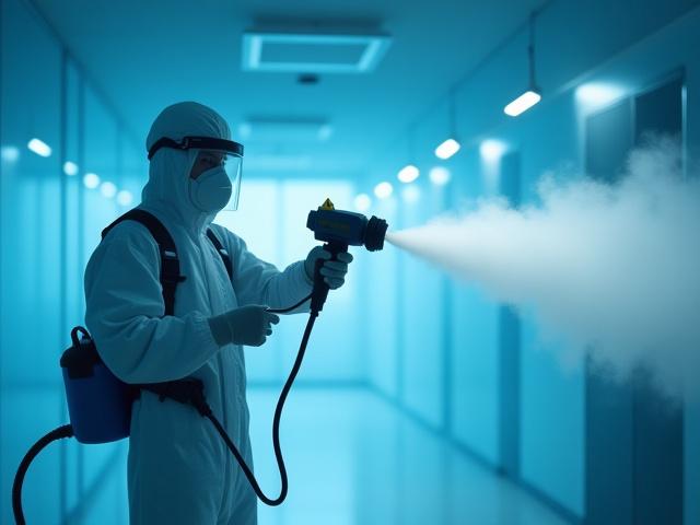MANA Cleaning professional in full PPE operating an electrostatic sprayer in a modern office, representing deep disinfection