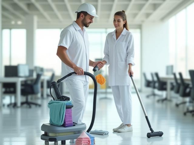 Professional cleaning technician using colour-coded microfiber cloths and a modern, energy-efficient vacuum cleaner with a HEPA filter in a bright, clean office environment.