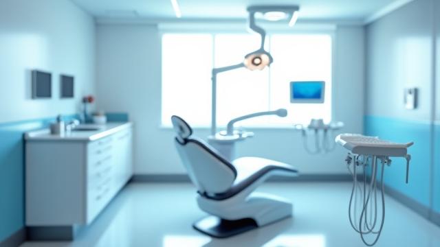 Brightly lit modern dental operatory with a dental chair and equipment, meticulously clean.