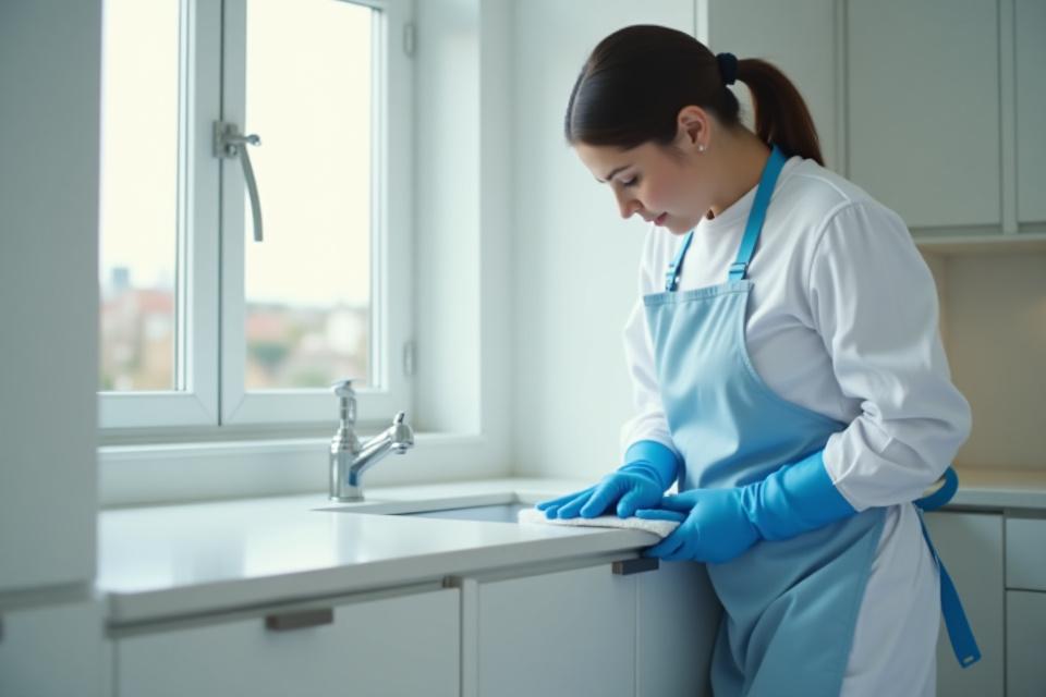 A professional cleaning team meticulously cleaning high-touch surfaces in a newly renovated building